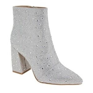 $169 BCBG Briel Rhinestone Ankle Boots Womens 7.5 Silver Sparkle Block Heel Zip